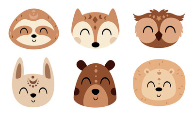 Fototapeta premium Boho woodland animal faces clipart set in cartoon style. Bohemian forest characters. Vector illustration
