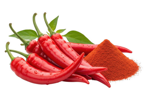 Fresh red chili peppers and chili powder pile isolated on transparent background