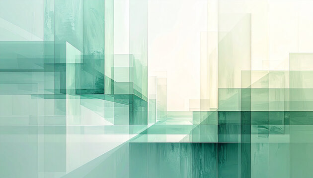 ミントグリーンの透明な幾何学空間と通路が続く抽象背景