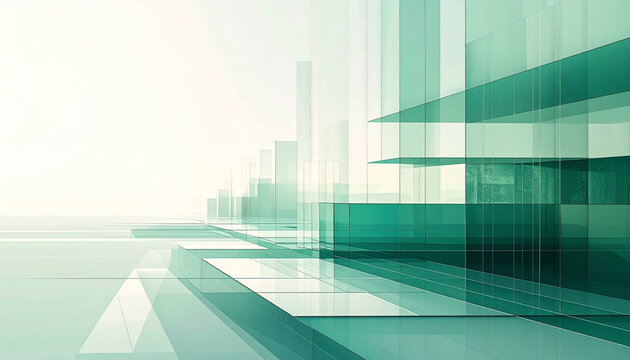 ミントグリーンの透明な立方体が連なる未来的な3D空間