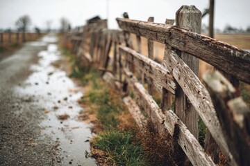 Naklejka premium Weathered wooden fence alongside muddy path, showcasing rustic c