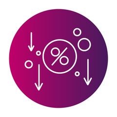 Discount percentage icon. Rate reduction symbol. Down arrows Vector graphic. Purple gradient background.