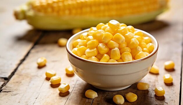 Fresh sweet corn kernels in a small rustic bowl on a natural wooden table, healthy food ingredients.