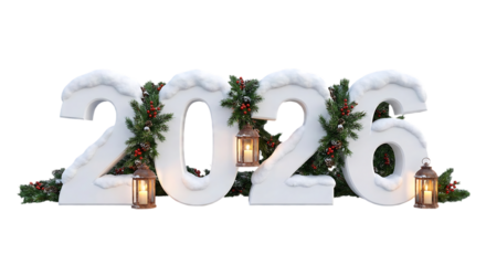 A festive and snowy new year 2026 greeting with winter holiday decorations.
