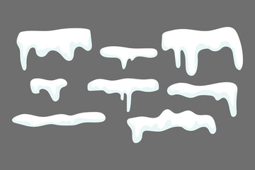 Snow cap element set. White winter frost. Icy flowing texture. Vector cold concept.