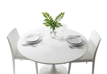 White modern dining table set for two isolated on transparent background