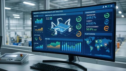 Monitor displaying industrial analytics dashboard for Industry 4.0 photovoltaics plant equipment. Solar panels smart factory display visualizing robotic arms performance and metrics from sensor data - Powered by Adobe