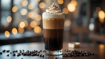 Iced Coffee Latte with Whipped Cream and Cocoa, Cold Brew Beverage in Tall Glass