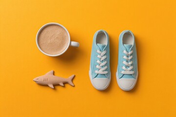 Brightly colored composition features quirky sneakers, coffee cu