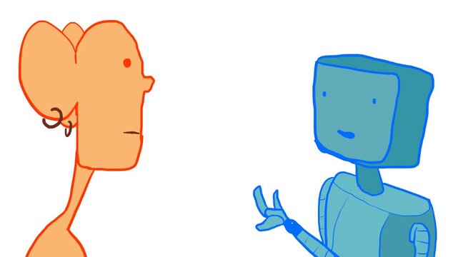 A man and a robot are talking about something.