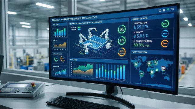 Monitor displaying industrial analytics dashboard for Industry 4.0 photovoltaics plant equipment. Solar panels smart factory display visualizing robotic arms performance and metrics from sensor data