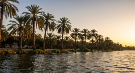 Obraz premium Palm trees line a calm waterway at sunset, casting long shadows. Water reflects sky