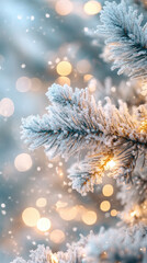 Frosted Christmas tree branch glowing with warm fairy lights and shimmering snow, creating a serene winter backdrop perfect for holiday season greetings and festive celebrations