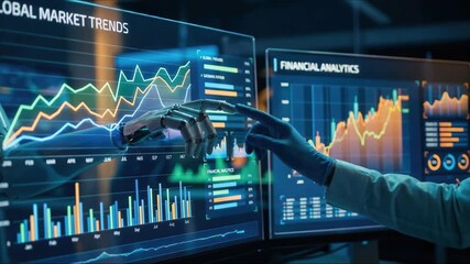 AI trading analysis. Human hand and plastic robot arm tracking sales graph with artificial intelligence. A captivating scene showcasing the interaction between a human hand and a robotic hand amidst v - Powered by Adobe