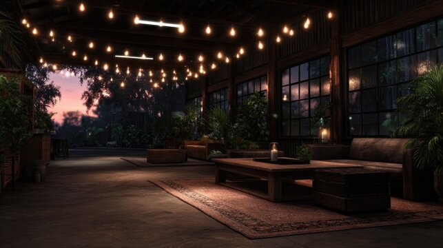 Cozy outdoor space adorned with string lights, inviting for gath