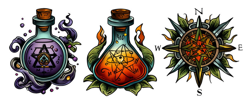 Mystical Bottles of Knowledge and Esoteric Symbols in Ancient Illustration Style