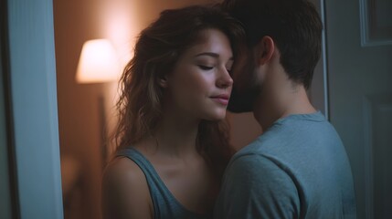 A couple shares a tender intimate embrace in a dimly lit room with soft warm light emanating from a lamp and an open doorway