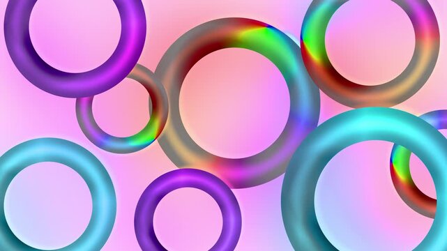 Floating circular multicolour glowing neon 3D torus loop rings on a light gradient background creating vivid visual shapes vibrant abstract elements dynamic motion graphic animations pink purple cyan