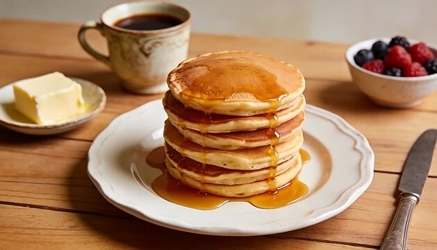 A stack of golden, fluffy pancakes covered in sweet maple syrup with fruit for breakfast pancakes, pouring.