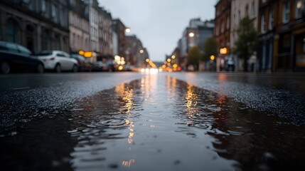 A wet city street at dusk with reflections of vehicle lights and streetlights in puddles