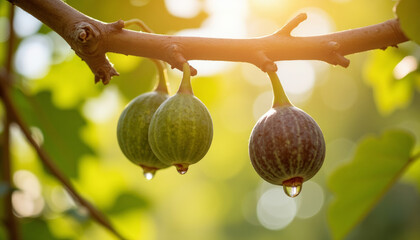 Fresh figs hanging on a branch with water droplets in sunlight  