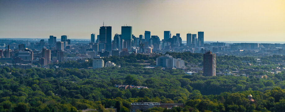 Aerial view of Boston's skyline rises above a sea of green, the John Hancock Tower and Prudential Building piercing the sky, Boston, Massachusetts, United States.