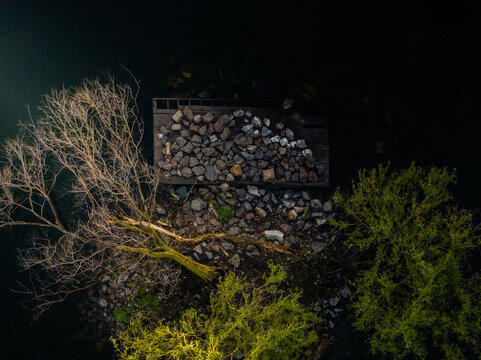Aerial view of the stark contrast between the bare branches of a fallen tree and the vibrant green foliage surrounding a rock-covered platform, Boston, Massachusetts, United States.