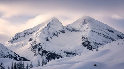 Snow capped mountain peaks landscape