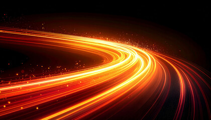 カーブを描く黄金色の光の流れと粒子の散乱