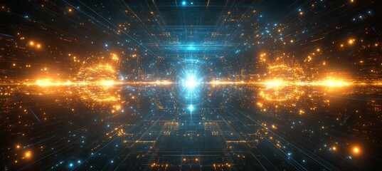 Vibrant Cosmic Gateway Unleashing Digital Energy Streams with Celestial Blue and Golden Light Fusion