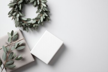 minimal workspace with christmas wreath and neutral colors, modern corporate holiday background