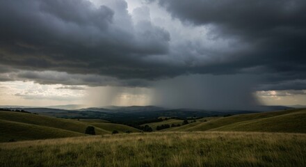 Fototapeta premium Storm brewing over rolling hills, with a burst of rain beneath a dramatic, dark sky