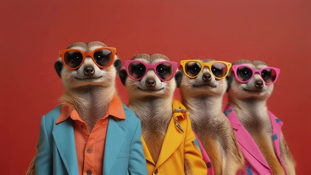 Four adorable meerkats dressed in colorful blazers and stylish sunglasses pose for a studio portrait against a vibrant red background, showcasing their unique personalities
