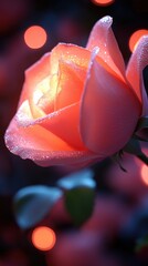 A rose is lit up with a light shining on it. The light is reflected on the petals, making the rose look even more beautiful