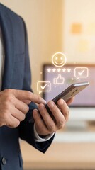 Customer satisfaction rating on smartphone with five star review interface. Positive user feedback, Service quality evaluation and Digital experience management concept. Vertical bg