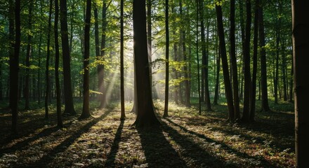 Obraz premium Sunlit rays pierce through tall trees in a lush forest, creating shadows on the ground