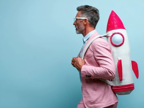 Creative man with a rocket backpack walks confidently against a blue background in a playful celebration of imagination and dreams