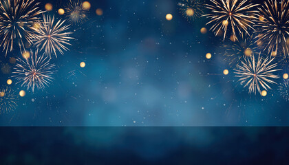 Minimalist New Year celebration background with elegant golden fireworks softly glowing in the night sky, clean dark blue gradient background, subtle sparkles, modern luxury style, wide copy space for