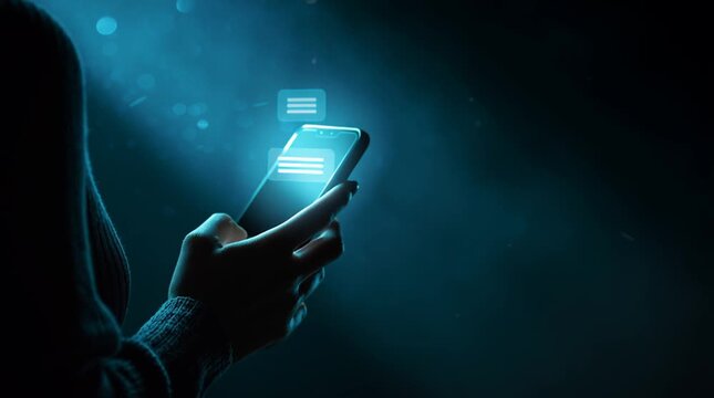 
Person Holding Smartphone with Glowing Chat Interface in Dark Environment, Representing Digital Communication and Modern Technology Interactions

