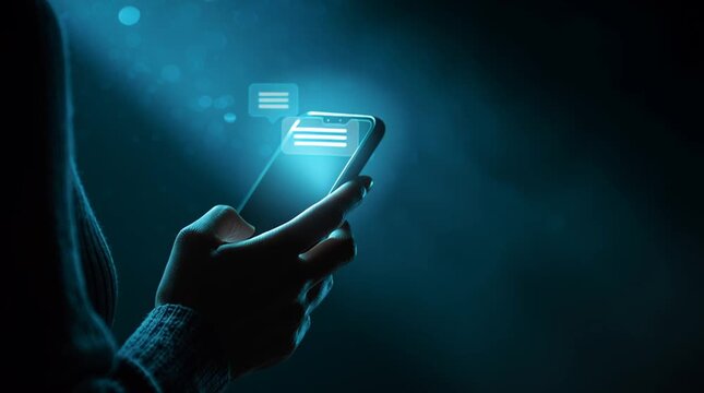 
Person Holding Smartphone with Glowing Chat Interface in Dark Environment, Representing Digital Communication and Modern Technology Interactions

