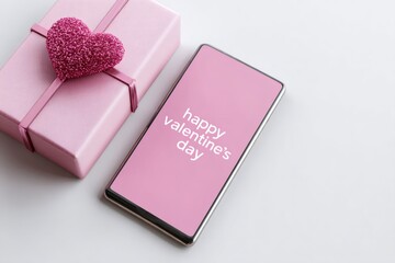Happy Valentine's Day message on a smartphone screen with a pink gift box. Romantic holiday flat lay with a heart decoration. Modern celebration concept with copy space