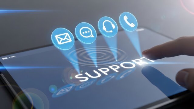 Finger touching digital support options on a glowing tablet screen. - Powered by Adobe