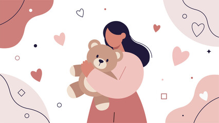 Woman Hugging Teddy Bear Valentine in Modern Pastel Flat Vector Illustration