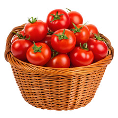 Fresh red tomatoes piled high in a rustic wicker basket on an isolated background