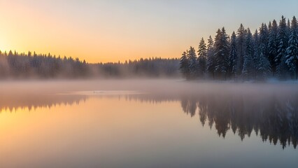 Tranquil lake scene with forest and reflections