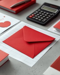 Red envelope placed beside business documents and a calculator, symbolizing financial planning and festive gifting.