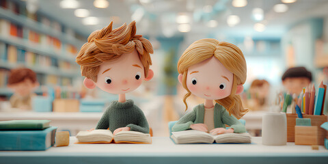 少年と少女が過ごす図書館のやさしい3D風景イラスト/まみおデザイン
