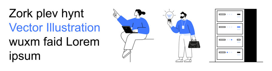 Teamwork, innovation, data storage, technology solutions, creative brainstorming, office workflows. Professional holding laptop and pointing, another with light bulb. Teamwork and innovation concept