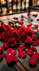 A table covered in red roses and rose petals. The roses are arranged in a way that they look like they are falling from the table. Concept of romance and love