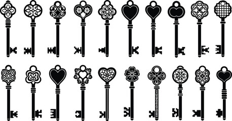 Ornate vintage keys collection, decorative antique key silhouettes set, classic romantic symbols, black white vector illustration